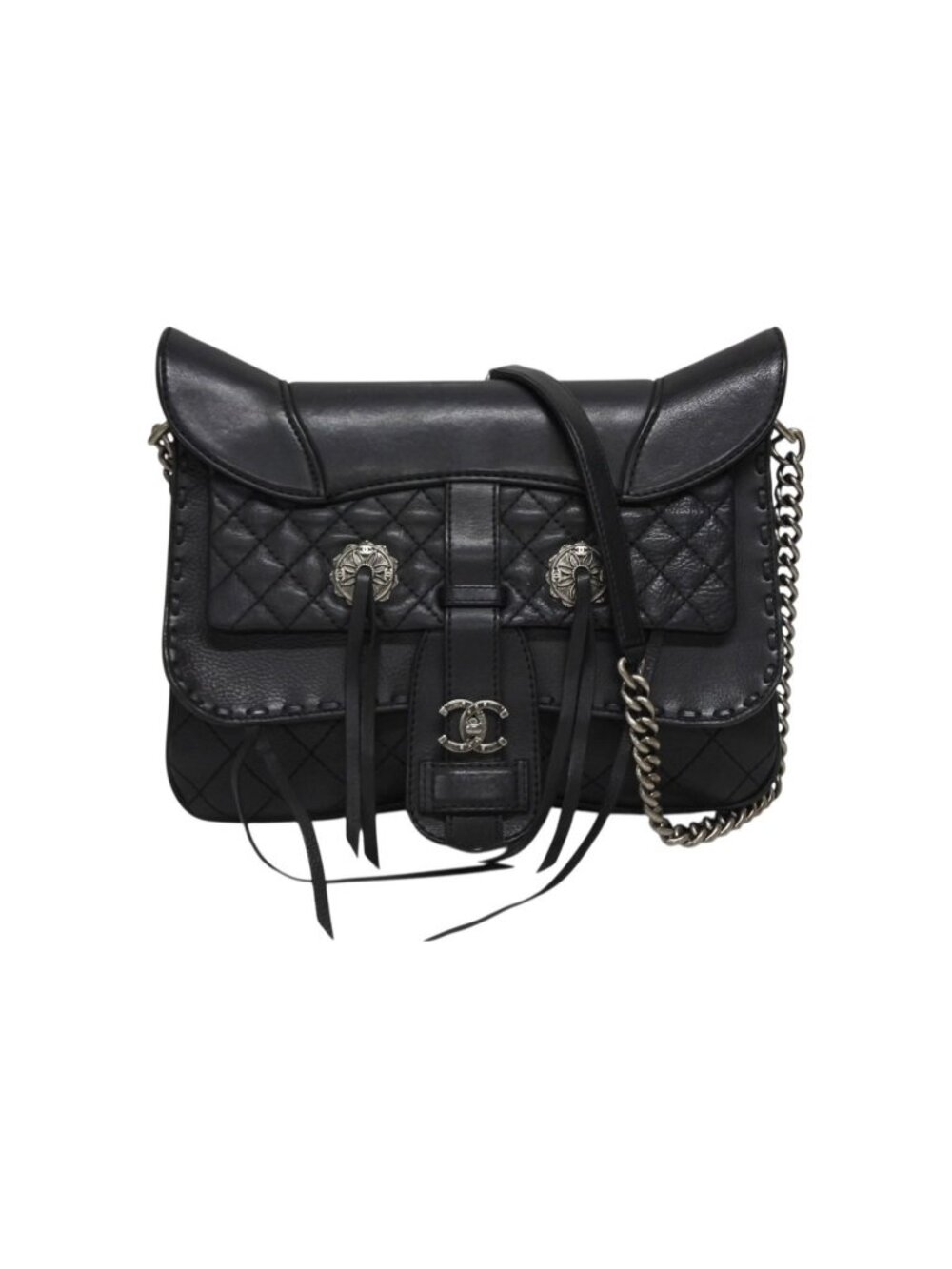 Chanel Paris Dallas Fringe Flap Saddle Bag Quilted Calfskin Black